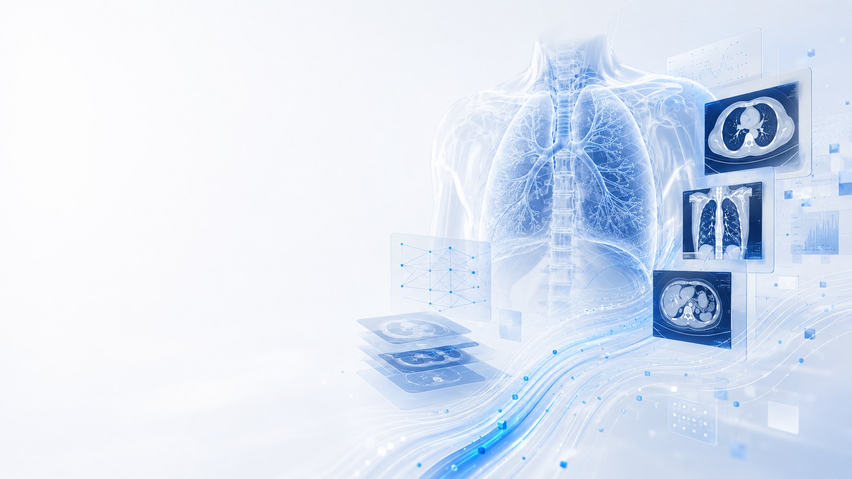 Visualização abstrata de radiologia torácica com camadas de rede neural em azul e menta — representando IA aplicada à radiologia pela Radai Labs.